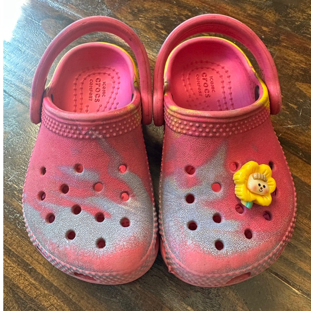 Crocs Kids Classic Clogs Pink‎ Yellow Spray Dye Marble Slip On Shoes Size C5